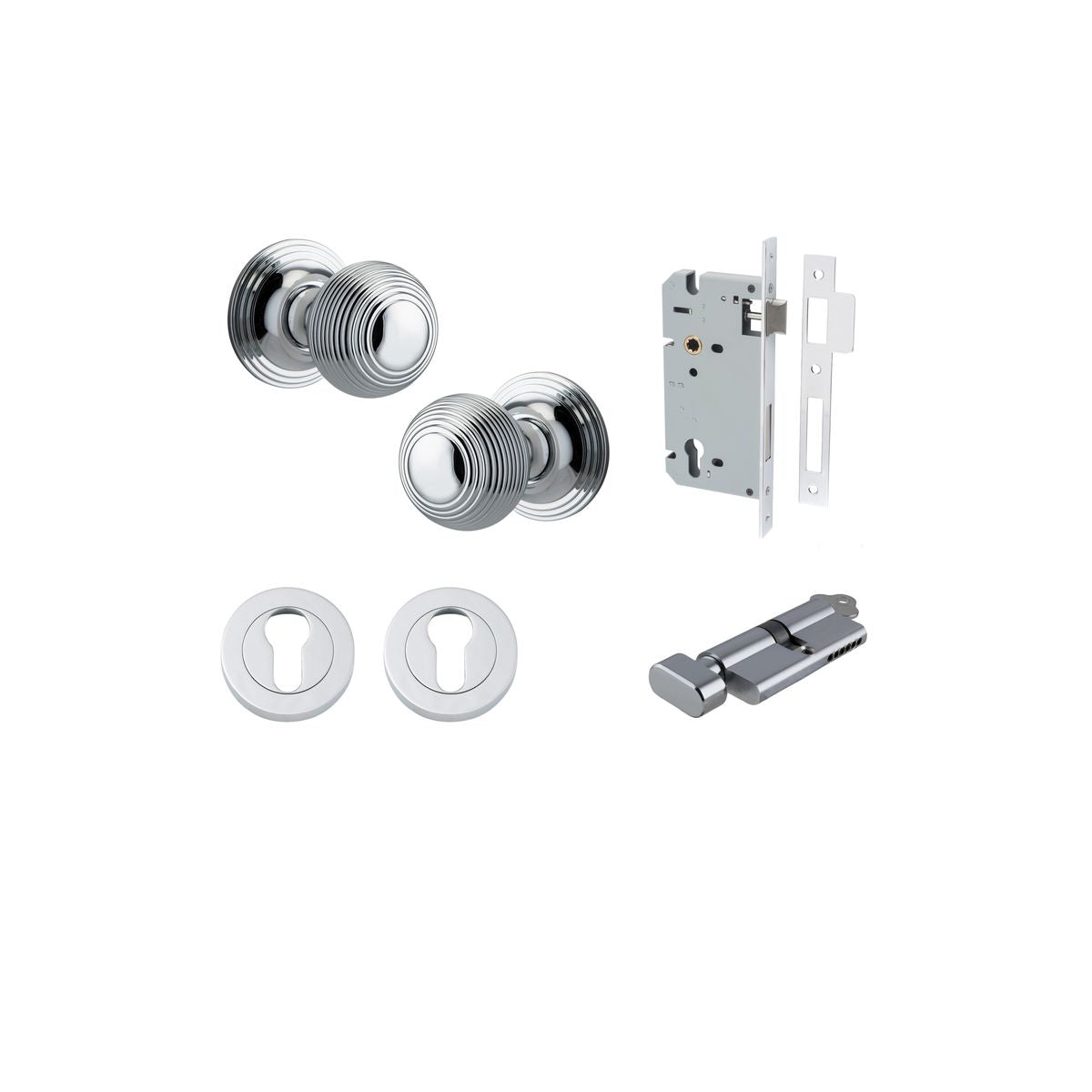 Iver Guildford Door Knob Rose Round Concealed Fix Pair, Passage Kit, Privacy Kit , Entrance Kit with High Security Lock - Polished Chrome