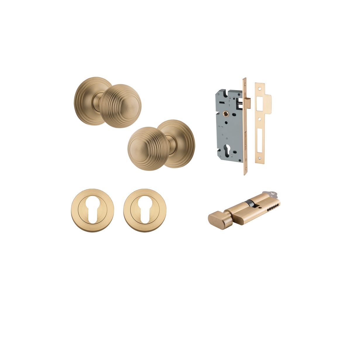 Iver Guildford Door Knob Rose Round Concealed Fix Pair, Passage Kit, Privacy Kit , Entrance Kit with High Security Lock - Brushed Brass