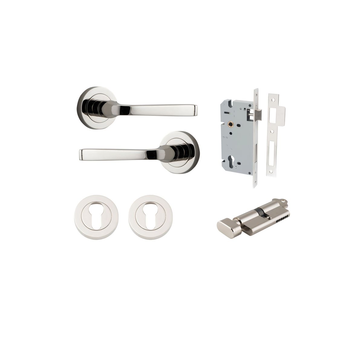 Iver Annecy Door Lever Rose Round Concealed Fix Pair, Passage Kit, Privacy Kit , Entrance Kit with High Security Lock -Polished Nickel