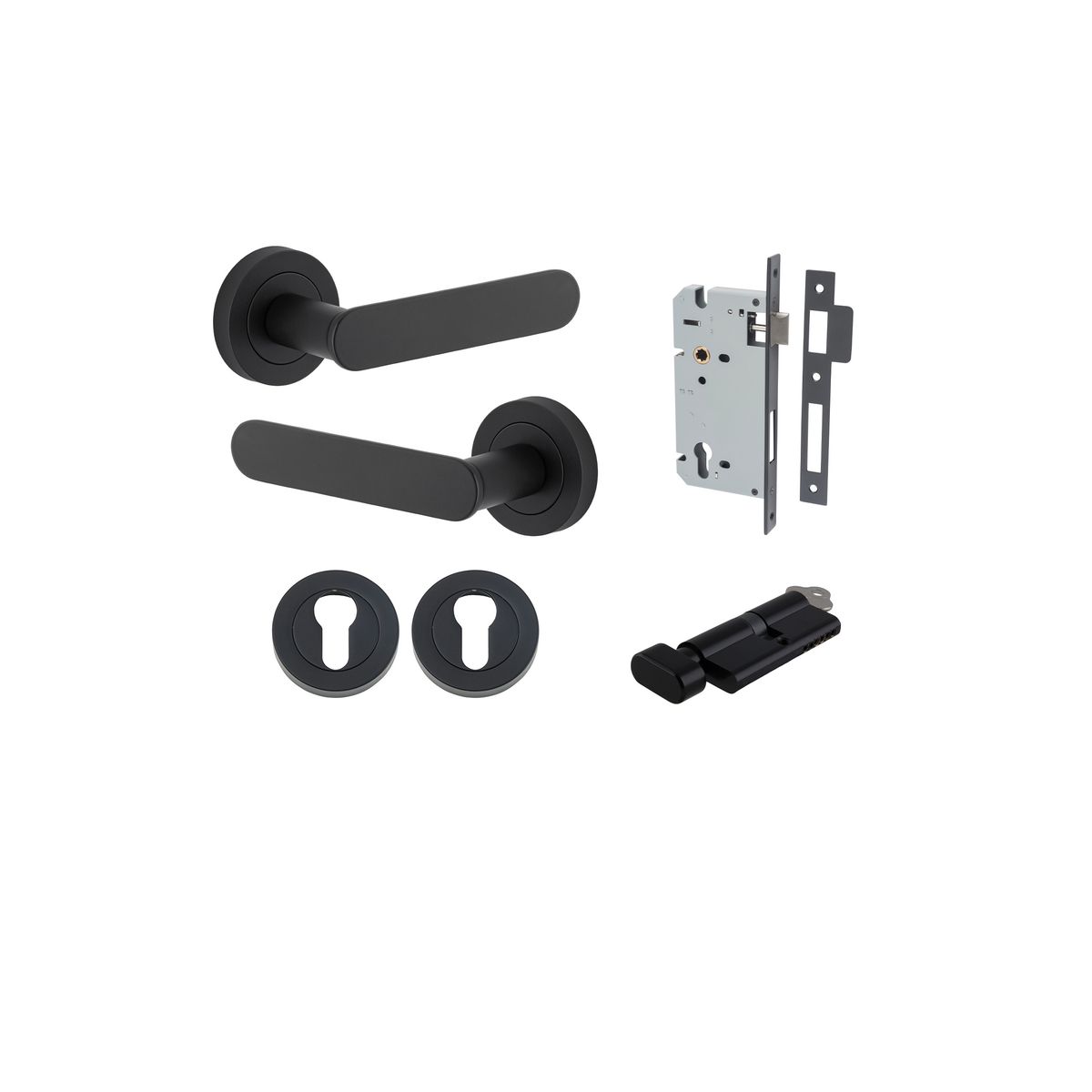 Iver Bronte Door Lever Rose Round Concealed Fix Pair, Passage Kit, Privacy Kit , Entrance Kit with High Security Lock -Matt Black
