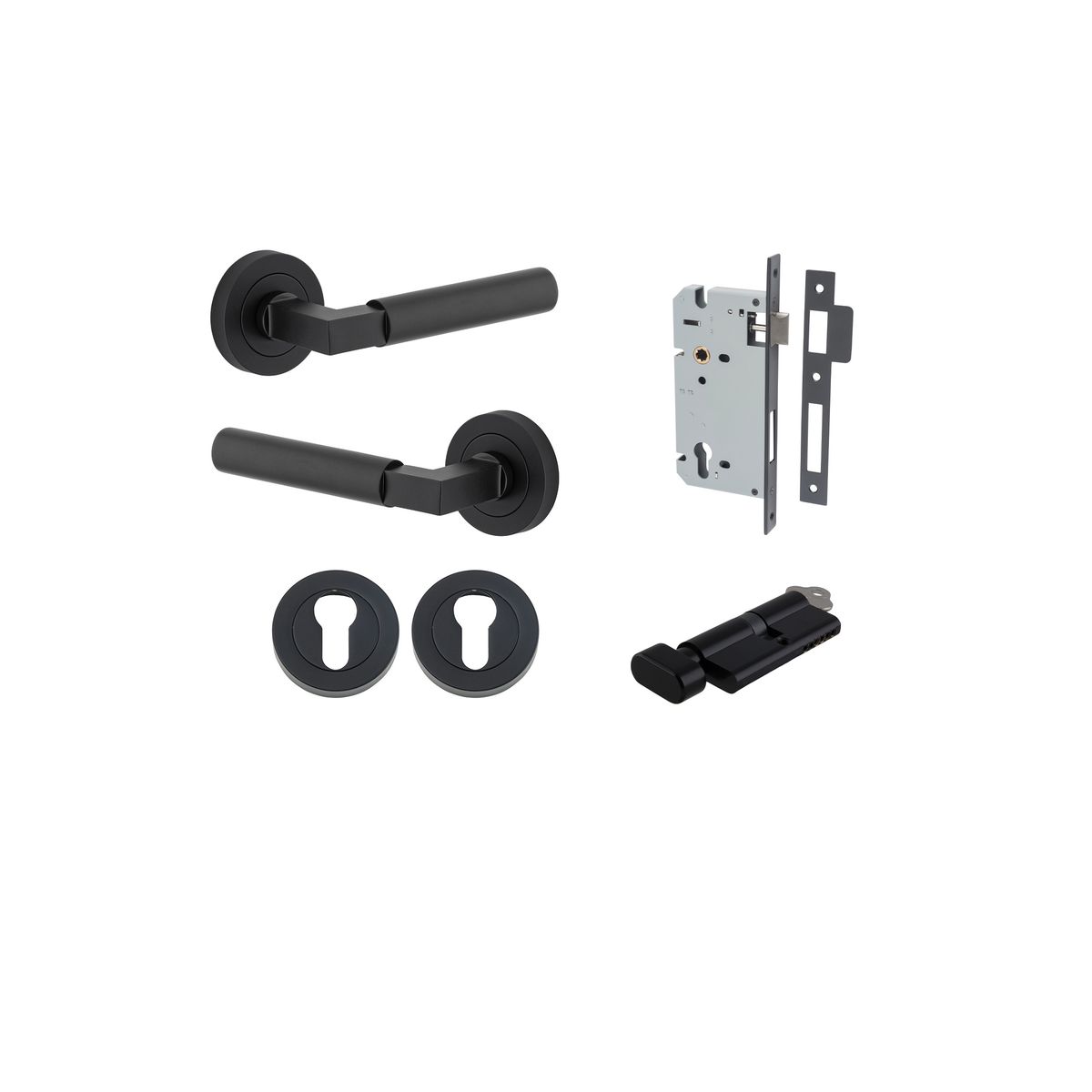 Iver Berlin Door Lever Rose Round Concealed Fix Pair, Passage Kit, Privacy Kit , Entrance Kit with High Security Lock - Matt Black