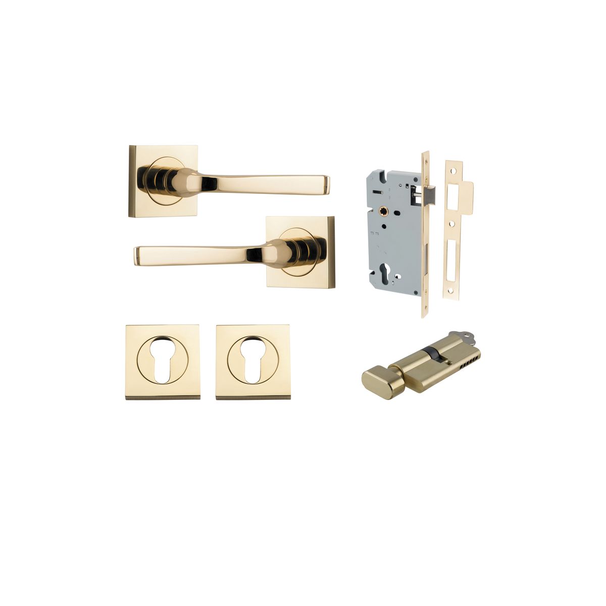Iver Annecy Door Lever Rose Square Concealed Fix Pair, Passage Kit, Privacy Kit , Entrance Kit with High Security Lock -Polished Brass