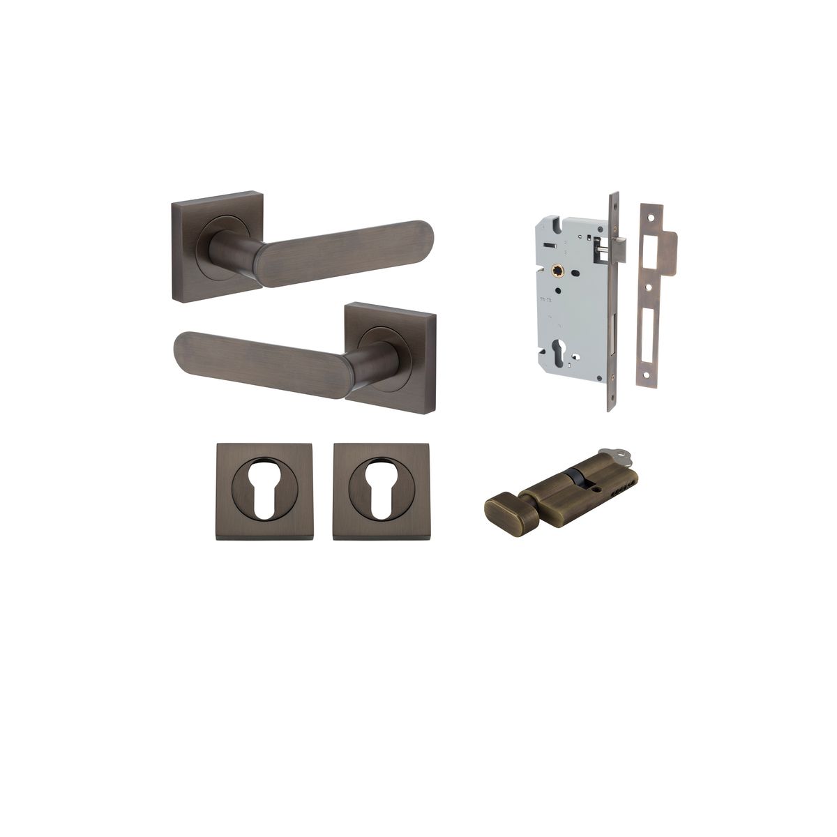 Iver Bronte Door Lever Square Rose Concealed Fix Pair, Passage Kit, Privacy Kit , Entrance Kit with High Security Lock - Signature Brass