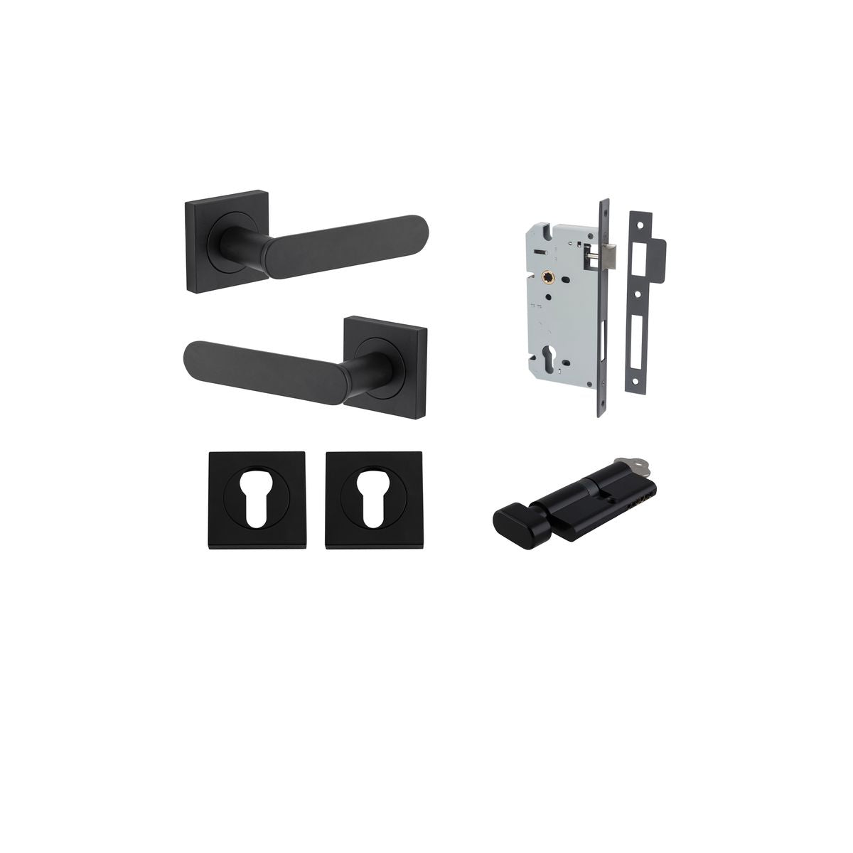 Iver Bronte Door Lever Square Rose Concealed Fix Pair, Passage Kit, Privacy Kit , Entrance Kit with High Security Lock - Matt Black