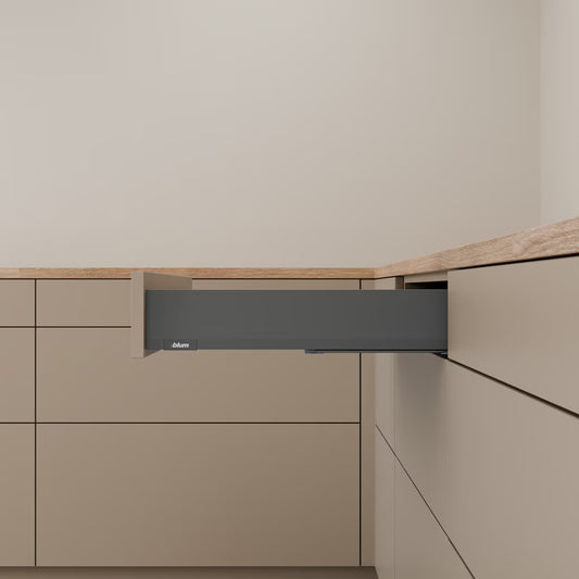 Blum Merivobox Kitset M Height 108mm - 40kg & 70kg Length Available in 6 sizes : 270mm ,350mm ,400mm ,450mm ,500mm & 550mm