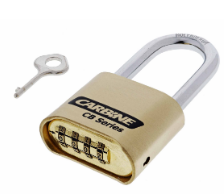 Carbine Australia Combination Padlock 4 Wheel Brass Body, Twin Ball Locking 7.9mm x 26mm x 50mm & 7.9mm x 60mm x 50mm Molybdeum Shackle - Brass