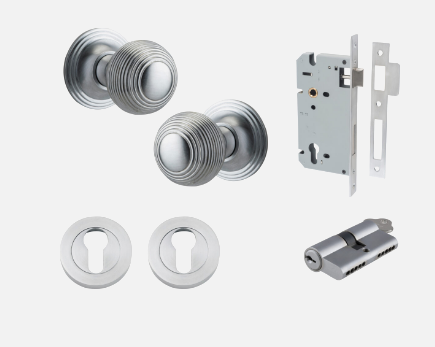 Iver Guildford Door Knob 0225 Round Rose Brushed Chrome - Passage kit ,Privacy kit & Entrance Kit (Dual Function 5 pin and Key Thumb 6 Pin)