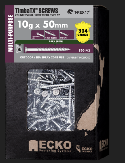 Ecko Timba TX Screw 304Stainless Steel T-REX17 10G-50,65,75,90,100mm Pack of 300