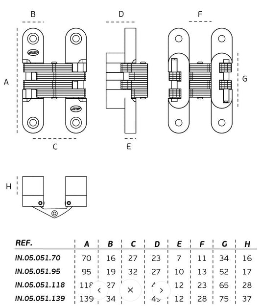 JNF Invisible Hinge  Available In 5 Sizes : 45mm ,70mm ,95mm ,118mm ,139mm Finish : Brushed Satin Chrome
