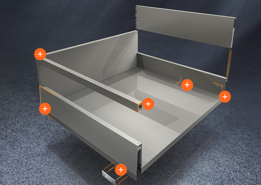Blum Merivobox Kitset M Height 108mm - 40kg & 70kg  Length Available in 6 sizes : 270mm ,350mm ,400mm ,450mm ,500mm & 550mm - Available in silk white and orion grey