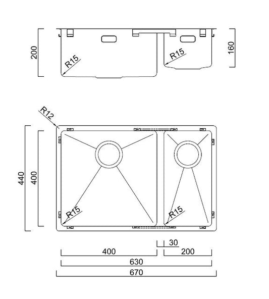BURNS & FERALL BDM670 Left & Right Double Fabricated Bowl 400mm/200mm 1.2mm Stainless Steel