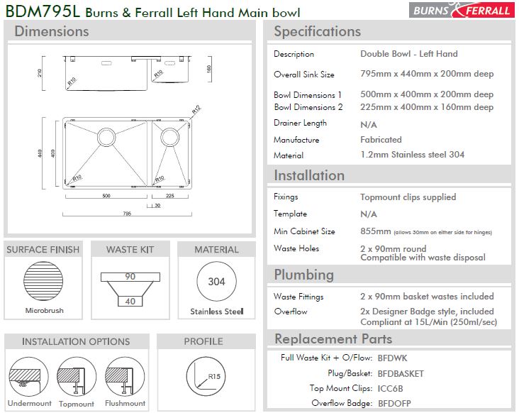 BURNS & FERALL BDM795 Left & Right Double Fabricated Bowl (500+225) x 400x200mm 1.2mm Stainless Steel