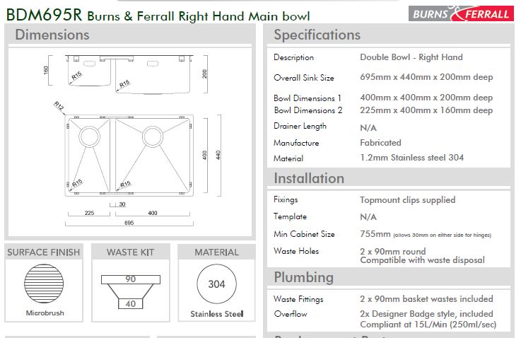 BURNS & FERALL BDM695 DESIGNER 695 R15 LEFT & RIGHT DOUBLE FABRICATED BOWL(400MM+225MM) x 400 x 200MM 1.2MM STAINLESS STEEL