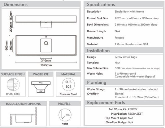 BURNS & FERRALL 600 SERIES Classic Bench Single Bowl 1825mm
