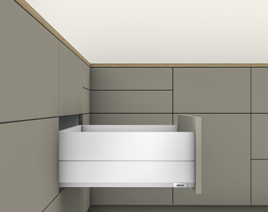 Blum Merivobox Kitset Pull-out - Boxcap  E Height 209mm ( M + BOXCAP E ) - 40kg & 70kg  Length Available in 6 sizes : 270mm ,350mm ,400mm ,450mm ,500mm & 550mm - Orion Grey