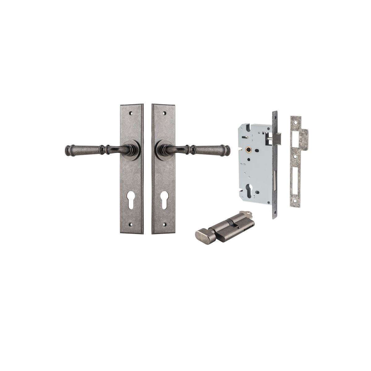 Iver Verona Door Lever Chamfered Latch Pair, Passage Kit, Privacy Kit , Entrance Kit with High Security Lock- Distressed Nickel