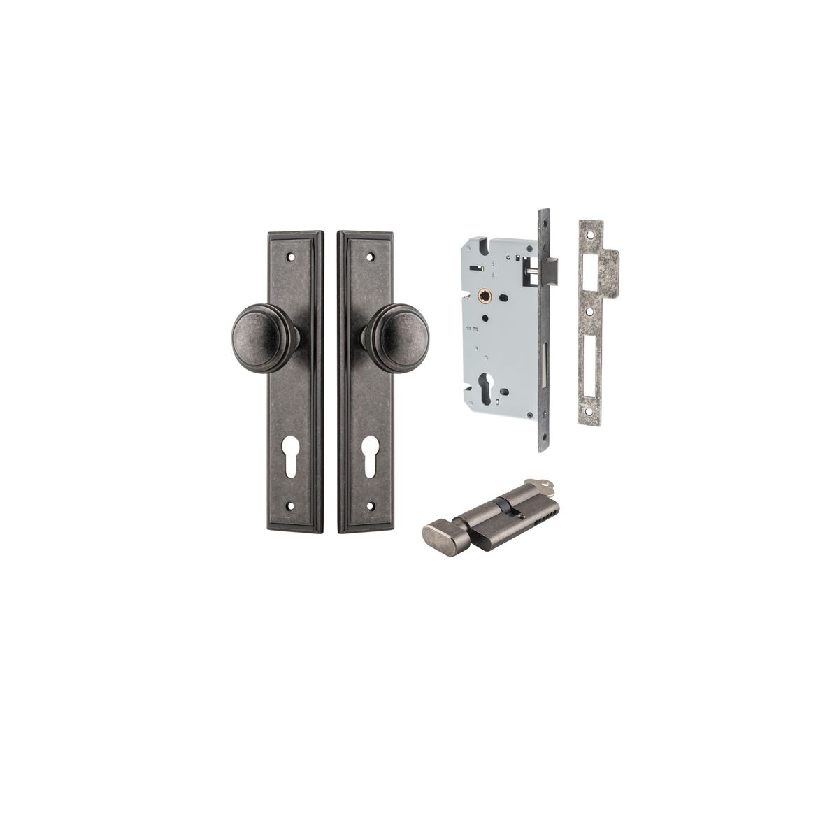 Iver Paddington Door Knob Stepped Latch Pair, Passage Kit, Privacy Kit , Entrance Kit with High Security Lock - Distressed Nickel