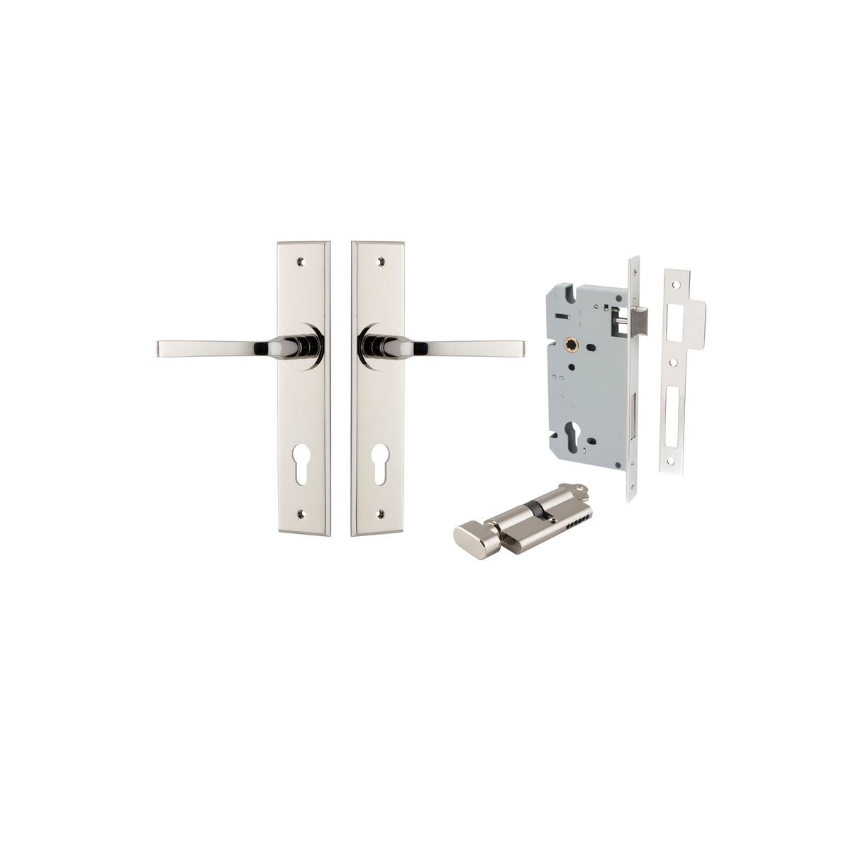 Iver Annecy Door Lever Chamfered Latch Pair, Passage Kit, Privacy Kit , Entrance Kit with High Security Lock -Polished Nickel