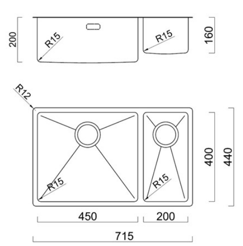 BURNS & FERALL DOUBLE BOWL SINK 400 + 250 X 400 & 450 + 200 X 400 LEFT & RIGHT SILVER