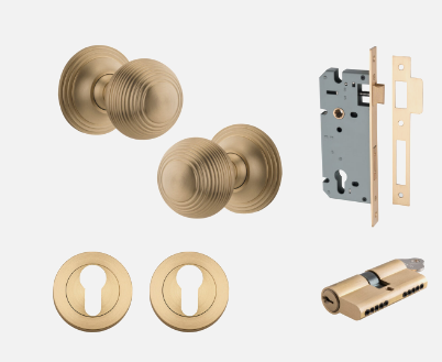 Iver Guildford Door Knob 0254 Round Rose Brushed Brass - Passage kit ,Privacy kit & Entrance Kit (Dual Function 5 pin and Key Thumb 6 Pin)