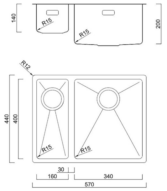 BURNS & FERALL FABRICATED DOUBLE BOWL SINK INCL CLIPS, WASTE & OVERFLOW WIDTH : 570MM ,630MM & 795MM RIGHT & LEFT SILVER