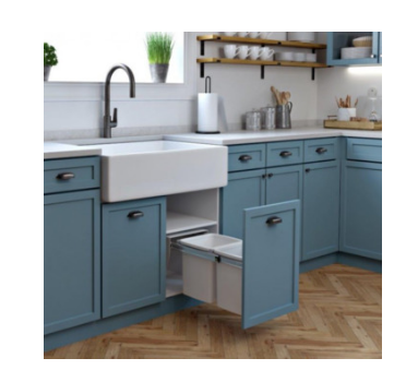 Hideaway Waste Bin ,Compact Floor Mount Range, 2 x 15 Litres Bucket Height 308 x Width 298 x Depth 510mm, Handle pull and Door pull - Arctic White & Cinder  ( Available in 4 Sizes : 1 x 15Ltr ,1 x 20Ltr ,2 x 15Ltr ,2 x 20Ltr )