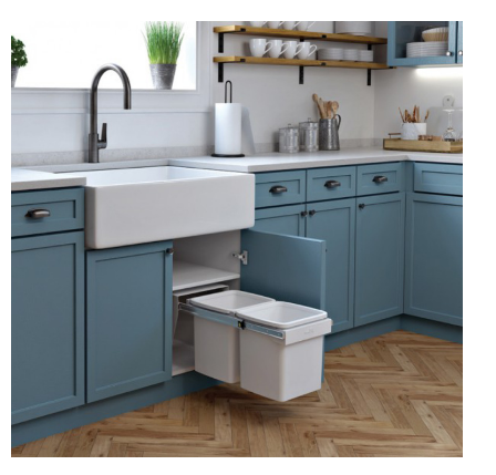 Hideaway Waste Bin ,Compact Floor Mount Range, 2 x 15 Litres Bucket Height 308 x Width 298 x Depth 510mm, Handle pull and Door pull - Arctic White & Cinder  ( Available in 4 Sizes : 1 x 15Ltr ,1 x 20Ltr ,2 x 15Ltr ,2 x 20Ltr )