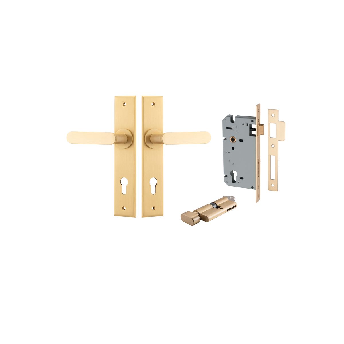 Iver Bronte Door Lever Chamfered Latch Pair, Passage Kit, Privacy Kit , Entrance Kit with High Security Lock - Brushed Brass