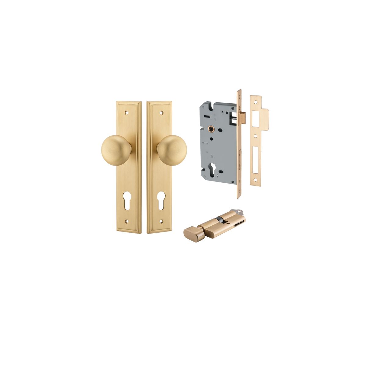 Iver Cambridge Door Knob Stepped Latch Pair, Passage Kit, Privacy Kit , Entrance Kit with High Security Lock - Brushed Brass