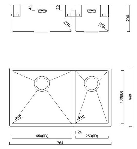 BURNS & FERALL DESIGNER DROP BRIDGE, DOUBLE BOWL, INCL. WASTE COVERS