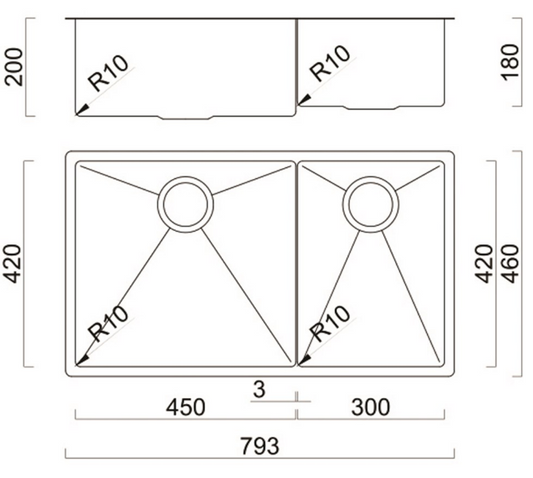 BURNS & FERALL AQUIS DOUBLE BOWL CAYMAN SERIES 450 x 420 x 210 & 300 x 420 R10 RIGHT HAND & LEFT HAND STAINLESS STEEL