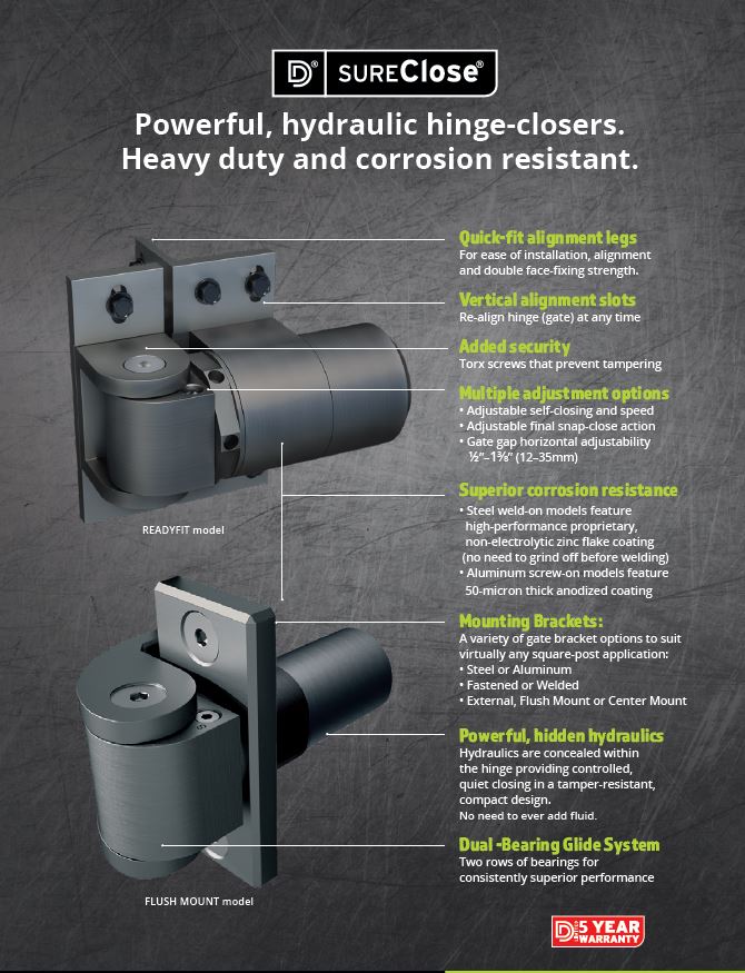D&D Technologies DD TECH SURECLOSE CENTRE & FLUSH ALUMINIUM MNT SAFETY HINGE CLOSER