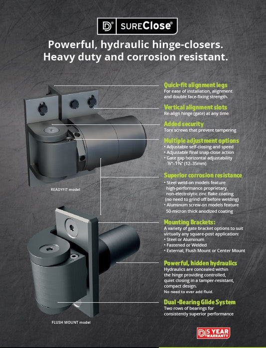 D&D Technologies DD TECH SURECLOSE CENTRE & FLUSH ALUMINIUM MNT SAFETY HINGE CLOSER