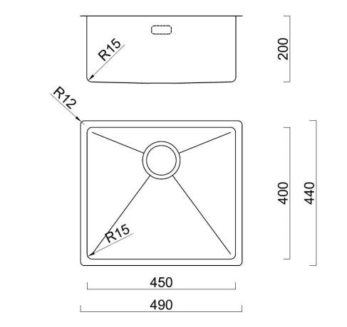 BURNS & FERALL BDM490- Top Mount Bowl 450 x 400 x 200 Designer Waste & Overflow - 1.2mm Stainless Steel
