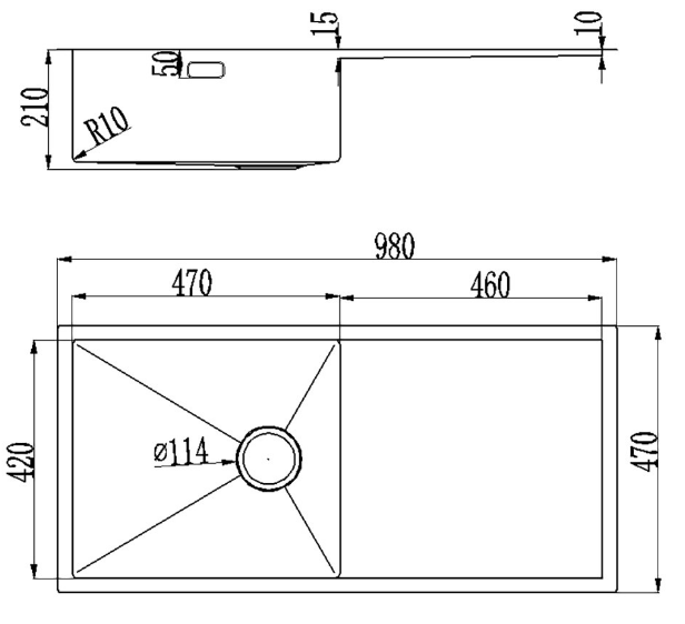 BURNS & FERALL HAND MADE STRATUS 470 x 420 x 210  BOWL AND DRAINER STAINLESS STEEL