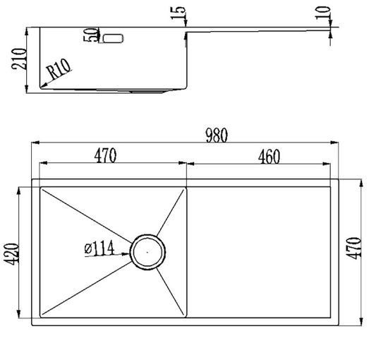 BURNS & FERALL HAND MADE STRATUS 470 x 420 x 210  BOWL AND DRAINER STAINLESS STEEL