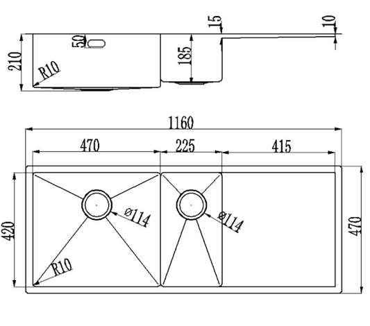 BURNS & FERALL  DBL BOWL HAND MADE, 470 x 420 x 210 & 255 x 420 x 180 LEFT HAND / RIGHT HAND STAINLESS STEEL