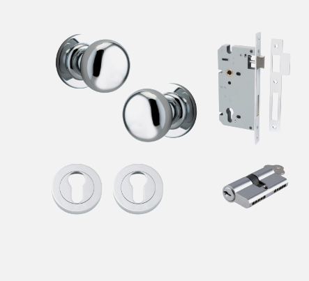 Iver Cambridge Door Knob 0204 Round Rose Polished Chrome - Passage kit , privacy kit & Entrance Kit (Dual Function 5 pin and Key Thumb 6 Pin)