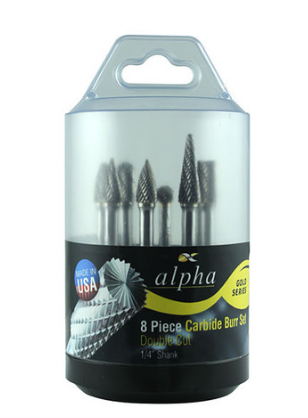 Trucut Heavy Duty Alpha 8 Piece & 9 Piece Tungsten Carbide Burr set 1/4" Shank & 1/8" Shank - 1/2" Flute and 1/4" Flute