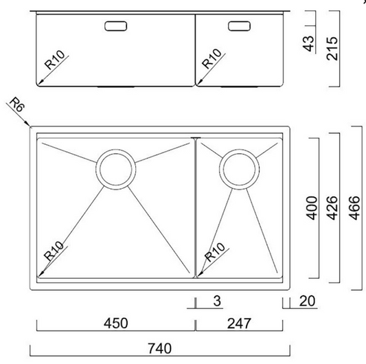 BURNS & FERALL PREP-CENTRE DOUBLE  BOWL 450 + 247 LEFT / RIGHT - INCL ROLLERMAT & FIBRE-ROCK