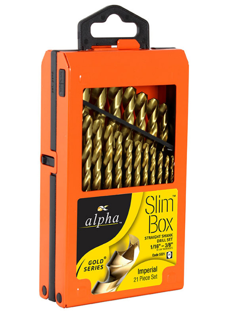 Trucut Heavy Duty Alpha Slim box & Tuff box Gold Series Drill Set Imperial 1/16" x 3/8" 21 piece