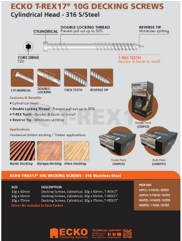 Ecko Decking Screws Cylindrical Head 316Stainless Steel 10G -60,65,75mm Pack of 50