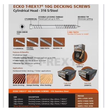 Ecko Decking Screws Cylindrical Head 316Stainless Steel 10G -60,65,75mm Pack of 250