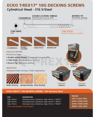 Ecko Decking Screws Cylindrical Head 316Stainless Steel 10G -60,65,75mm Pack of 1k