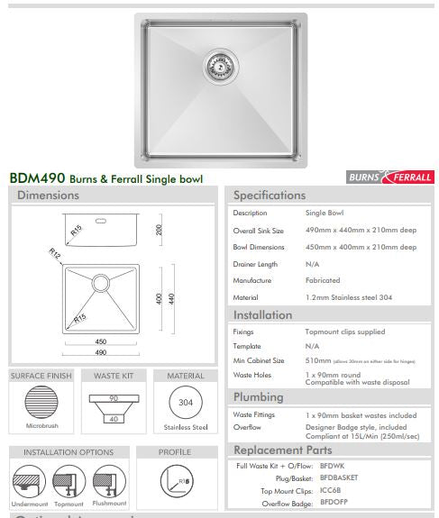 BURNS & FERALL BDM490- Top Mount Bowl 450 x 400 x 200 Designer Waste & Overflow - 1.2mm Stainless Steel