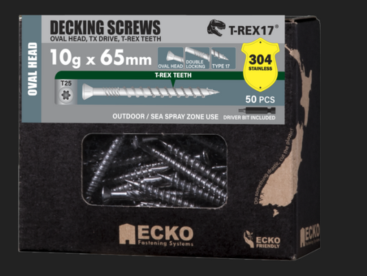 Ecko Decking Screws Oval Head T-REX17-304Stainless Steel 10G -60,65,75 mm Pack of 50