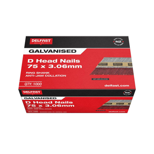 Delfast Ring Galvanised D-Head Nails Available in 2 sizes 65 x 2.87mm,75 x 3.06mm Box 1000.