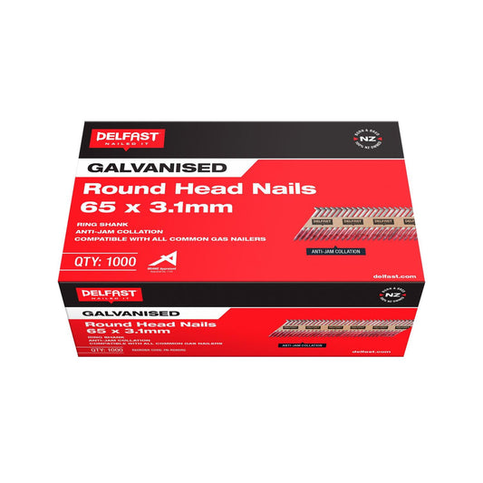 Delfast Ring Galvanised Round Head Nails Available in 2 sizes 50 x 3.1mm,65 x 3.1mm Box 3000.