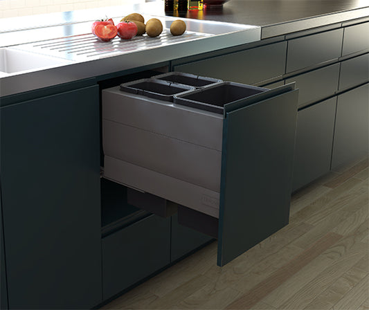 Tanova Designer Series Pull Out Soft Close Kitchen Waste Bin 400mm 3 Bins Cabinet -White and Charcoal