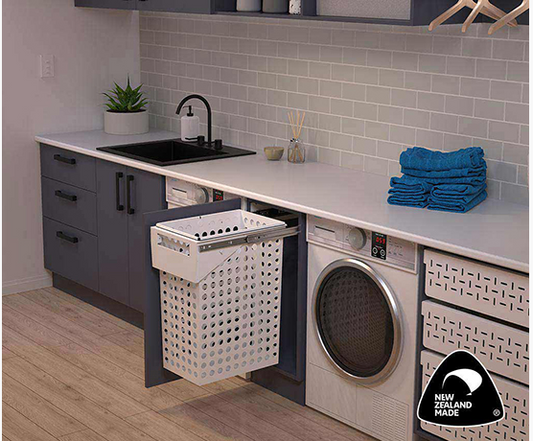 Tanova NZ Simplex Pull Out Soft Close Laundry Basket Steel - 350mm Cabinet Handle Type – 1 x 65Litre Grey